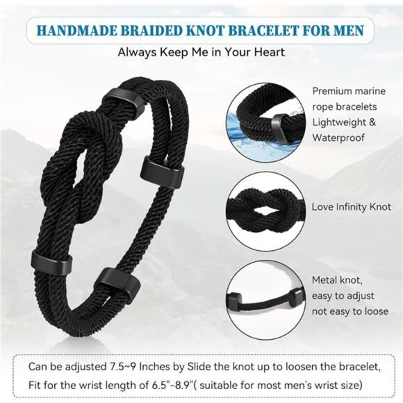 Mens Braided Rope Bracelet Love Knot Infinity Bracelet Adjustable Gift for Him - Picture 5 of 7